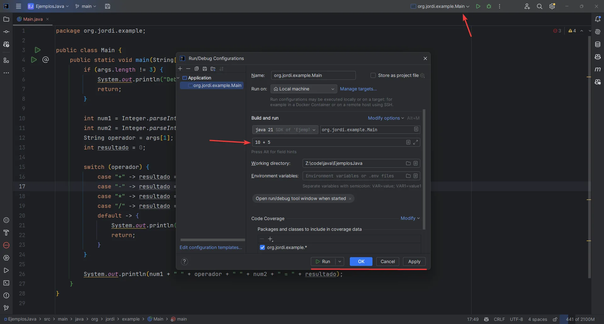 Ejecución de la aplicación con argumentos en IntelliJ IDEA